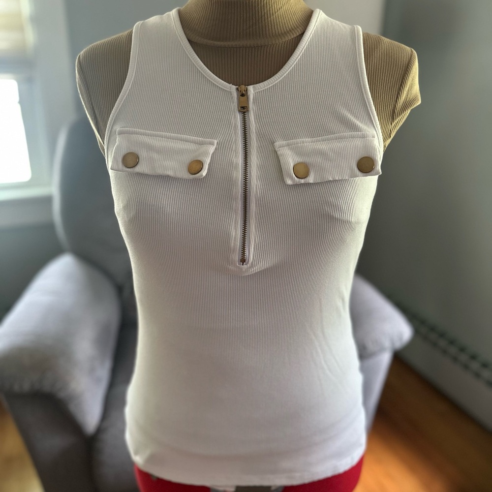 Gold Buttoned White Fitted Tank Top